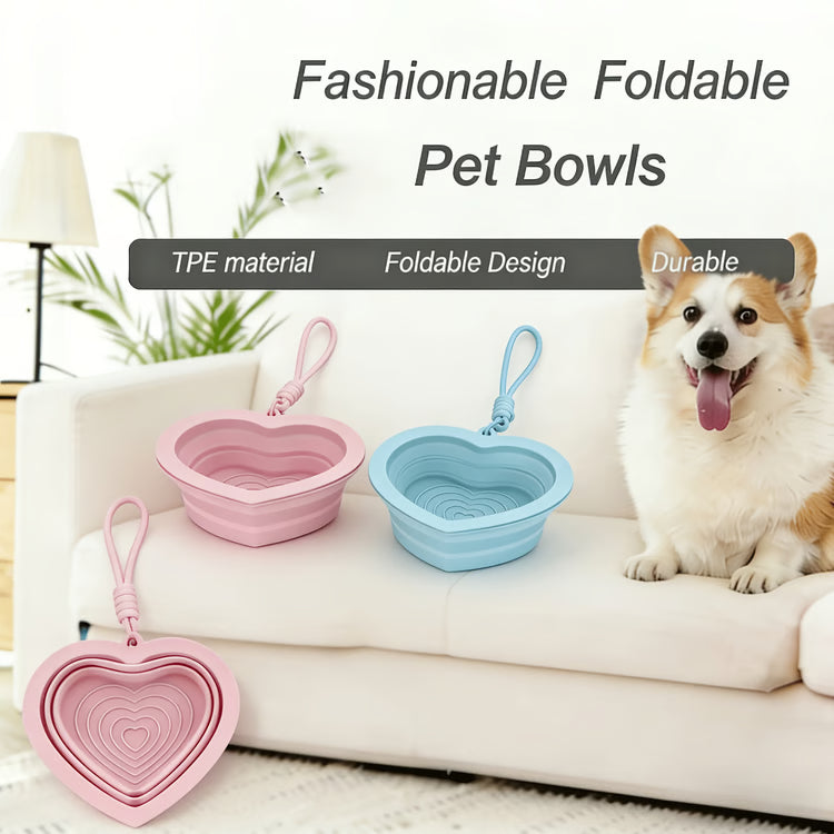 Heart-Shaped Foldable Silicone Pet Bowl with Lanyard