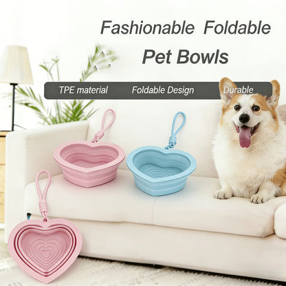 Heart-Shaped Foldable Silicone Pet Bowl with Lanyard