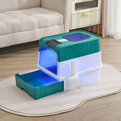 Fully Enclosed Spill proof Deodorant Cat Toilet, Pet Litter Box Kitten Anti Splash, Plastic Sandbox Bedpan